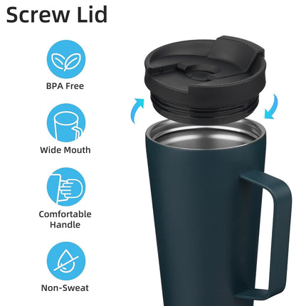Konokyo Insulated Tumbler with Handle and Straw, 18 OZ Travel Coffee Mug Stainless Steel Cup Metal Water Bottle,Navy Blue