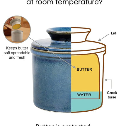 KilnGPT - French Butter Dish, Butter Crock for Counter with Water Line, Ceramic Butter Keeper for Spreadable Butter - Chrismas Gift Home Kitchen Decor - Reactive Glaze Collection - Ocean Blue