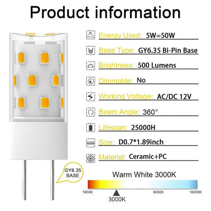 TAIYALOO Bombilla LED GY6.35 5W Equivalente a Bombilla Halógena de Base Bipin 50W, AC/DC 12V Blanco Cálido 3000K para Lámpara Colgante, Araña, Lámpara de Escritorio, Luces de Acento, Iluminación de Paisaje, No Regulable (Paquete de 4)