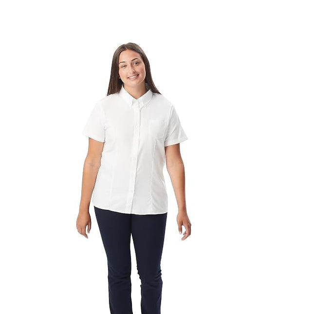 French Toast Women's Junior's Fitted Wrinkle-Resistant Oxford Shirt with Short Sleeves, White, Large