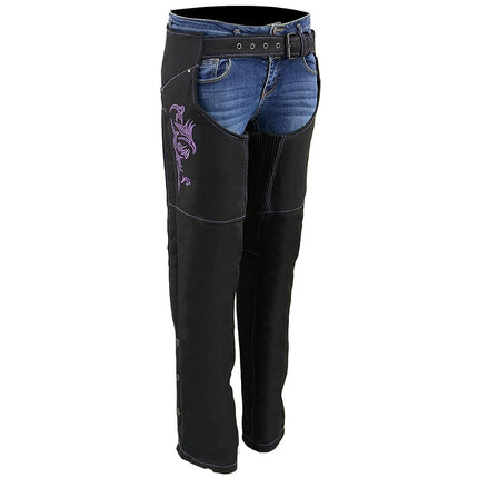 Milwaukee Leather SH1182 Chaparreras de Moto de Piel Negra y Textil Morado con Bordado Tribal para Mujer - Talla XS