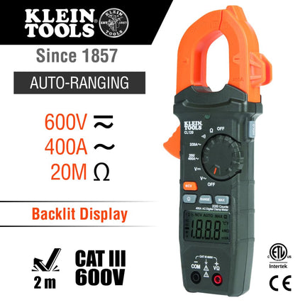 Klein Tools CL120VP Kit de prueba de voltaje eléctrico con pinza amperimétrica, tres probadores, puntas de prueba, estuche y baterías