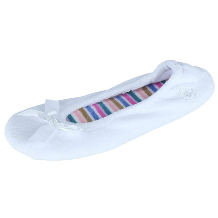 isotoner Women's Indoor/Outdoor Classic Terry Ballerina Slippers with Non-slip Sole, White Stripe, 6.5-7. 5