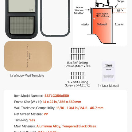 Fenêtre verticale pour camping-car VEVOR, 30,5 cm L x 55,9 cm H, coulissante teintée avec moustiquaire et anneau de garniture, pour paroi de 2,4 cm à 4,4 cm d'épaisseur, remplacement de fenêtre de camping-car pour caravane Teardrop Cargo, homologuée DOT
