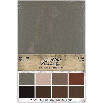 Tim Holtz Idea-Ology Kraft-Stock Stack Cardstock Pad 6"x 9" 24 Pack - Neutral, 8 Colours/3 Each