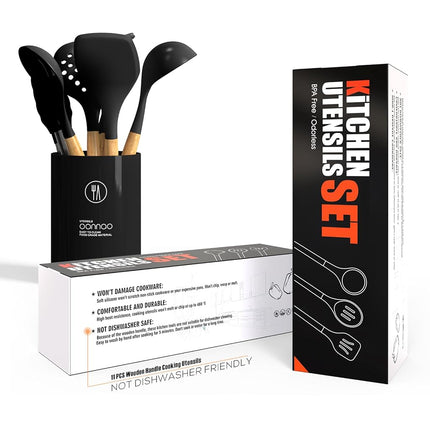 Silicone Cooking Utensils Set - 446°F Heat Resistant Silicone Kitchen Utensils for Cooking,Kitchen Utensil Spatula Set w Wooden Handles and Holder, Gadgets for Non-Stick Cookware BPA Free (Black)