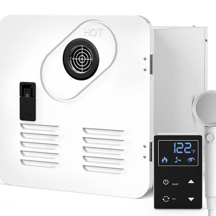 Jocoevol 65,000 BTU RV Tankless Water Heater, High Altitude Available, 12V, CSA Certificated, Instant Shower with 15 x 15 inches White Door and Multi-Function Controller, Ideal for RVers' Family Use