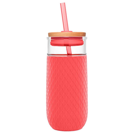 Gobelet en verre Ello Devon avec manchon protecteur en silicone anti-transpiration et couvercle en bois étanche avec paille, 532 ml