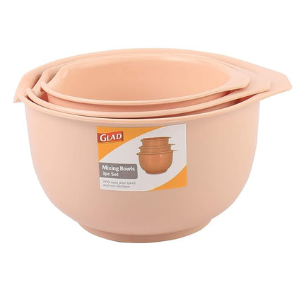Cuencos mezcladores Glad con boquilla | Diseño anidable para ahorrar espacio | Plástico antideslizante, sin BPA, apto para lavavajillas | Suministros de cocina y repostería, Rubor, Juego de 3 piezas