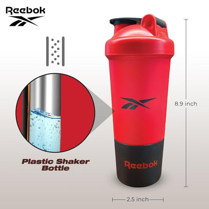 Vaso mezclador Reebok - 500ml, rojo, plástico, sin BPA - Coctelera de proteínas, para gimnasio, correr, senderismo - Apto para lavavajillas