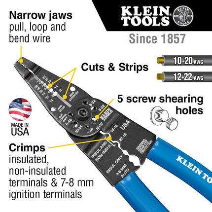 Long Nose Wire Cutter, Wire Crimper, Stripper and Bolt Cutter Multi Tool, 8-Inch Long Klein Tools 1010, Multi-Colour