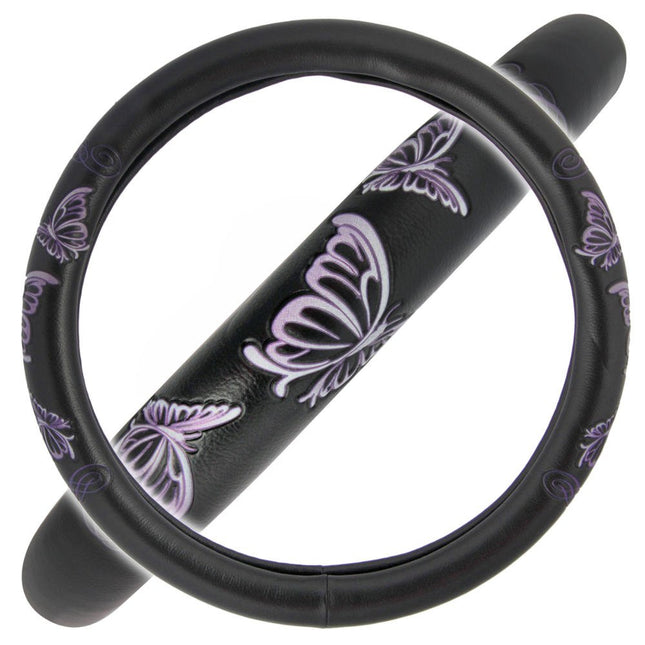 BDK SW-509-PP Universal Fit Purple Butterflies Design Comfort Grip Steering Wheel Cover for Car SUV Van & Truck - 15 Inch Standard Size, Butterfly Purple