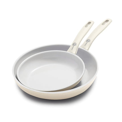 GreenPan Dover Juego de 2 sartenes de 8 y 10 pulgadas, revestimiento cerámico antiadherente no tóxico sin PFAS, para sellar, saltear, freír huevos, tortilla, aptas para lavavajillas y horno, mango frío al tacto, bordes fáciles de verter, blanco crema