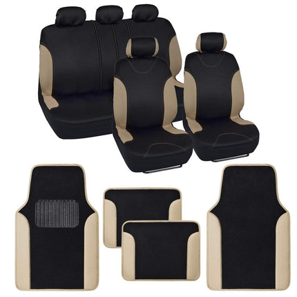 BDK Beige Car Seat Covers with Matching Carpet Floor Mats for Cars Full Set - Front Universal Seat Covers & Back Bench Seat Cover with Automotive Floor Mats - Car, SUV, Truck, & Van Interior Protector