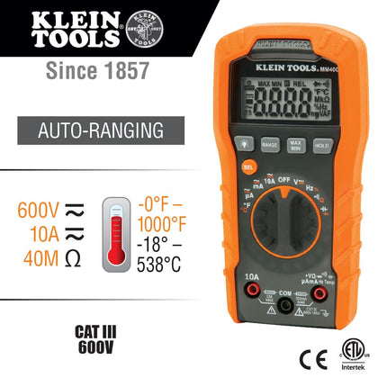 Klein Tools 80063 Multimeter and IR Thermometer 2-Piece Electrical and Temperature Test Kit with Test Leads, Thermocouple, Pouch, Batteries