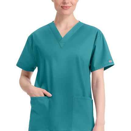 Dickies EDS Signature Scrubs for Women, V-Neck Womens Tops in Soft Brushed Poplin 86706, Ceil Blue, XXL Plus