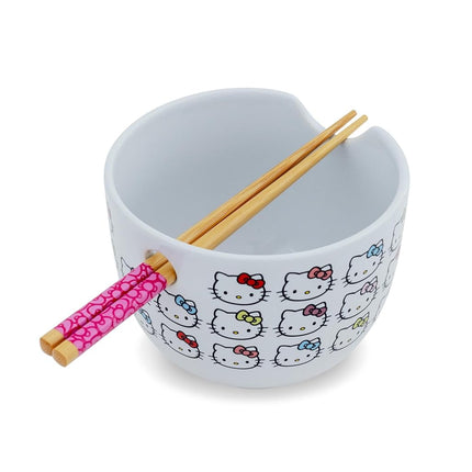 Silver Buffalo Hello Kitty Faces and Bows Ceramic Ramen Bowl with Chopsticks, 20 Ounces