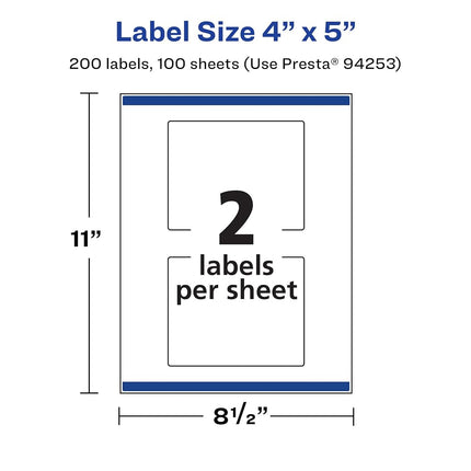 Avery Matte White Rectangle Labels with Sure Feed, 4" x 5", 200 Matte White Printable Labels