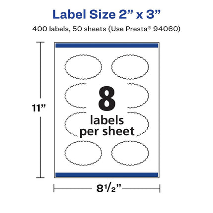 Avery Matte White Oval Scalloped Labels with Sure Feed, 2" x 3", 400 Matte White Printable Labels