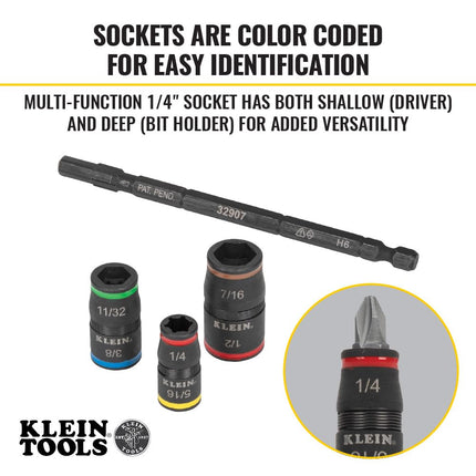 Klein Tools 32907 Impact Driver, 7-in-1 SAE Impact Socket Set, Flip Socket Set with 6 Nut Driver Sizes and 1/4-Inch Bit Holder