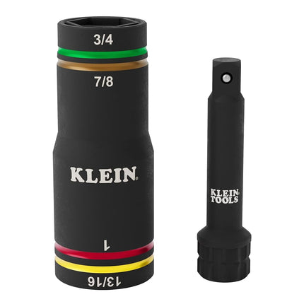 Klein Tools 6513QS KNECT Impact-Rated Quad Socket Set, 4-in-1 Flip Socket Driver, Color-Coded, Heavy-Duty Multi Tool, 3/8-Inch Drive, SAE 3/4-Inch, 13/16-Inch, 7/8-Inch, 1-Inch, Multi-Purpose Adapter