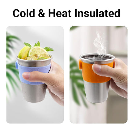 Rich&Ray Reusable Magnetic Fridge Cups 12 oz, 4 Pack Hanging on Fridge Magnetic Hanging Cup, Stainless Steel Cups with Silicone Cup Holder for Fridges or Water Coolers