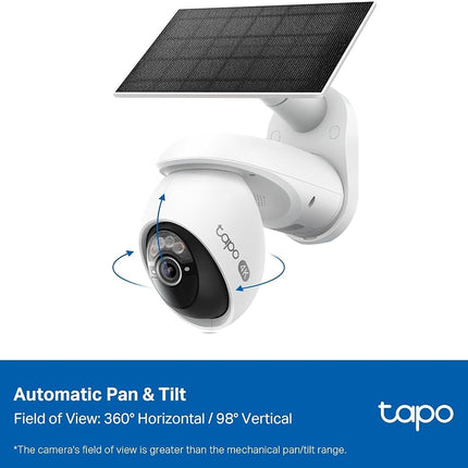 Tapo 4K Solar-Powered Outdoor Camera Wireless, 360° View, No Monthly Fee, Person/Vehicle Detection, 24/7 Time-Lapse Capture, Starlight Color Night Vision, SD/Cloud Storage, Works w/Alexa & Google Home