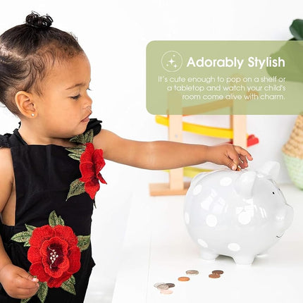 Pearhead Large Piggy Bank, Ceramic Money Bank For Kids, Baby Keepsake Gift, Gender Neutral Nursery Décor, Grey Polka Dot