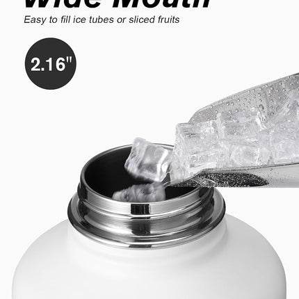 Coolflask Half Gallon Water Bottle Insulated with Straw & 3 Lids, 2 L Water Jug Large Metal Stainless Steel Wide Mouth for Sports, Gym or Office, Non-BPA Keep Cold 48H Hot 24H, White