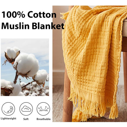 Simple&Opulence Plaid en mousseline de coton pour lit, canapé, couverture tissée en gaze avec pompons, douce, légère, confortable, prélavée, respirante, décoration de ferme pour toutes les saisons (jaune)