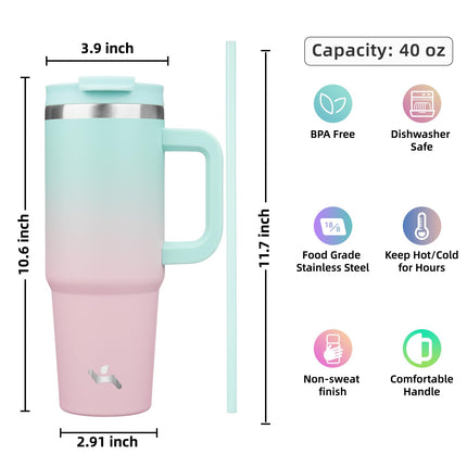 Konokyo 40 oz Tumbler with Handle and 2 Straws,2 in 1 Lid Insulated Water Bottle Stainless Steel Travel Coffee Mug,Gum