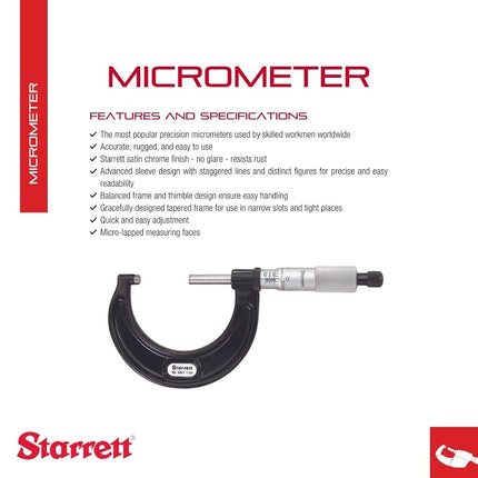 Starrett 436.1XRL-2 Outside Micrometre, Ratchet Stop, Lock Nut, Carbide Faces, 1-2" Range, 0.001" Graduation, +/-0.0001" Accuracy