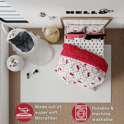Franco Comforter and Sheet Set, Microfiber, Hello Kitty, 7 Piece Queen Size