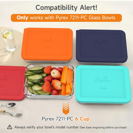 Sophico 6 Cup Rectangle Silicone Storage Cover Lids Replacement for Pyrex 7211-PC Glass Bowls, Container not Included (Orange)