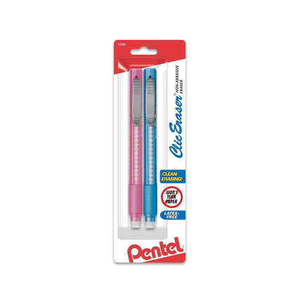 Pentel Clic Retractable Eraser with Grip, Assorted Barrels, 2 Pack (ZE21TBP2M)