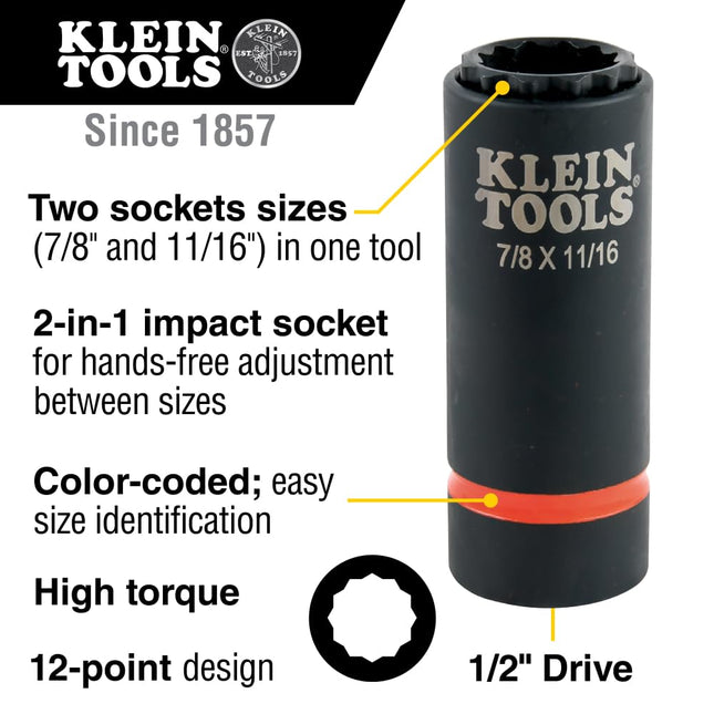Klein Tools 66014 2-in-1 Impact Socket with 12-Point Deep Sockets, Coaxial Spring Loaded in 7/8- and 11/16-Inch Sizes