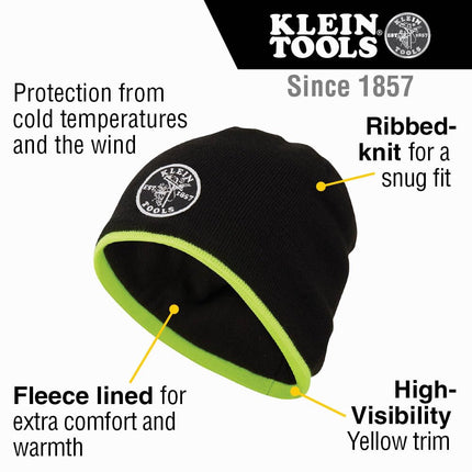 KLEIN TOOLS 60391 Knit Beanie, Thermal Fleece Winter Hat, Windproof, Fits Under Helmets, Black with High-Visibility Yellow Band Trim