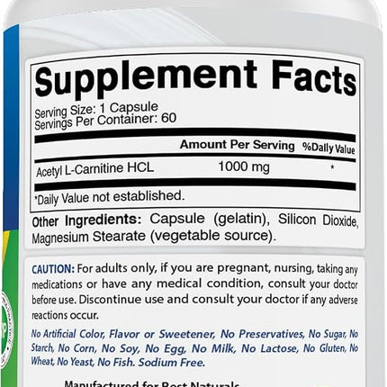 Best Naturals Acetyl L-Carnitine 1000mg Capsule, 60 Count