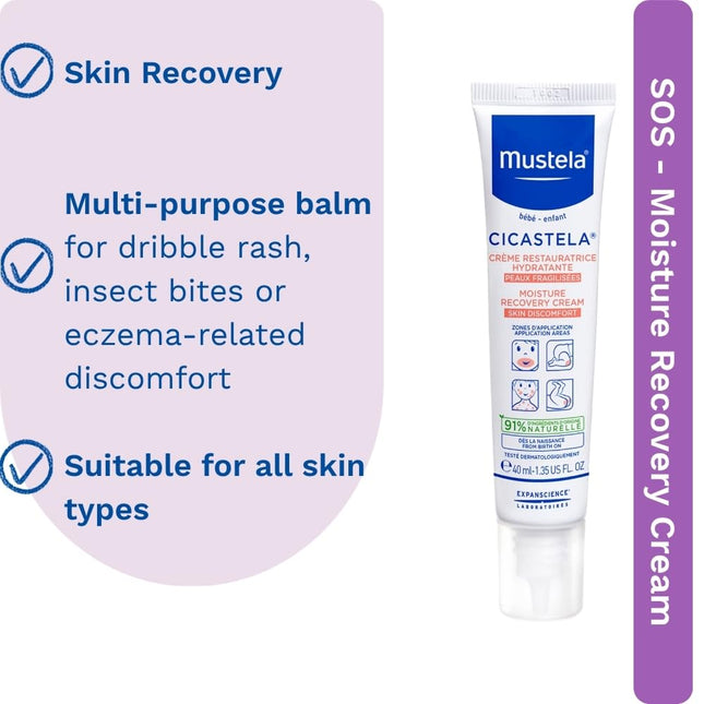Mustela Recovery Cream for Skin Discomfort, Cicastela and Stelatria, for Dry and Irritated Skin, Fragrance-Free, Various Styles