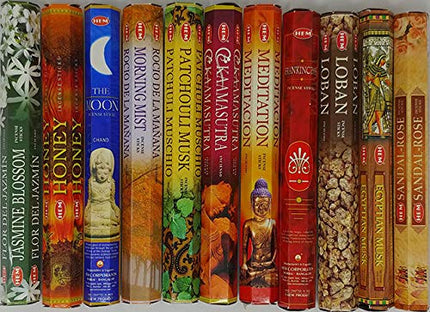 Hem Incense -12 Box Best Variety Pack 20 Sticks Each - 240 Sticks - 240g - Chandan, Coconut, Dragon's Blood, Sandalwood, Lotus, Red Rose, Lavender, Lilac, Amber, Patcouli, Frankincense-Myrrh, Sage