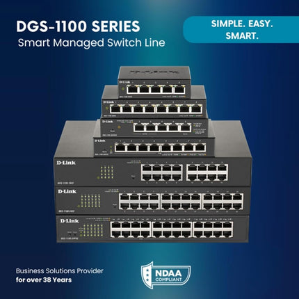 D-Link DGS-1100-24V2 - 24-Port Gigabit Smart Managed Switch with VLAN support, layer 2 features, QoS, 802.3az EEE, Fanless , Black