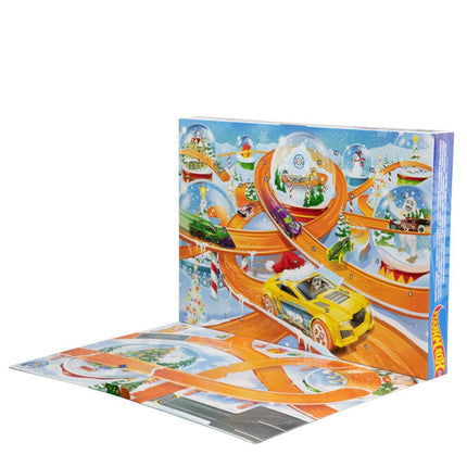 Hot Wheels Toy Cars, Advent Calendar 2024, 8 Hot Wheels Cars in Scale 1:64, Behind 24 Numbered Doors Hide 16 Winter Accessories and a Play Mat, HTG00