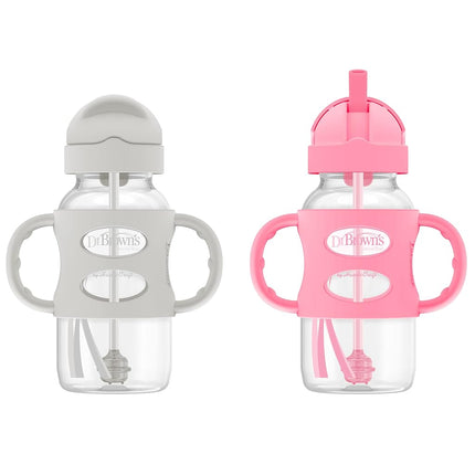 Dr. Brown's Wide-Neck Sippy Straw Bottles with Silicone Handles, Gray and Pink, 270ml, 9 Oz (Pack of 2)