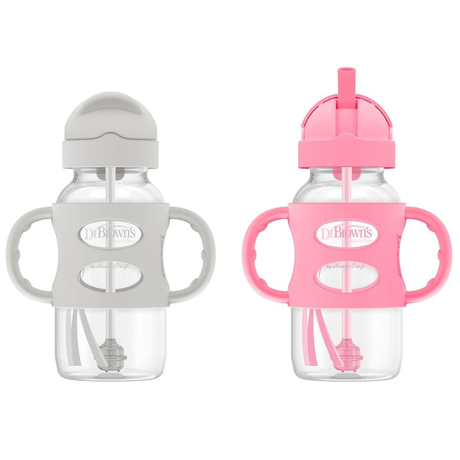 Dr. Brown's Wide-Neck Sippy Straw Bottles with Silicone Handles, Gray and Pink, 270ml, 9 Oz (Pack of 2)