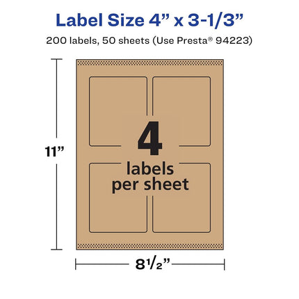Avery Kraft Brown Rectangle Labels with Sure Feed, 4" x 3-1/3", 200 Kraft Brown Labels, Print-to-The-Edge, Laser/Inkjet Printable Labels