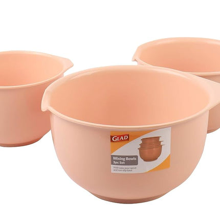 Cuencos mezcladores Glad con boquilla | Diseño anidable para ahorrar espacio | Plástico antideslizante, sin BPA, apto para lavavajillas | Suministros de cocina y repostería, Rubor, Juego de 3 piezas