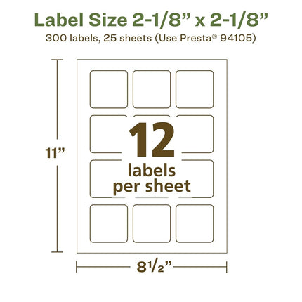 Avery EcoFriendly Matte White Recycled Square Labels, 2-1/8" x 2-1/8", Print-to-The-Edge, Matte White Labels, Permanent Adhesive, Laser/Inkjet Printable, 300 Total