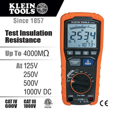 Megohmmeter, Insulation Resistance Tester Multimeter, 4000 Megohm Resistance, 125V/250V/500V/1000V Test Voltage, Klein Tools ET600