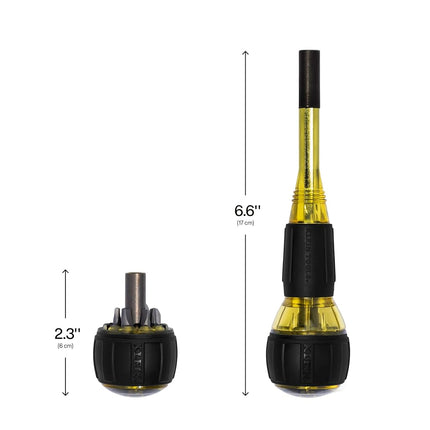 Klein Tools 32961A 8-in-1 Tru-Grip Screwdriver with Stubby, Phillips, Slotted, Square Tips, 1/4-Inch Nut Driver, Rare-Earth Magnet, 6-Bit Storage, Ball-Style Handle