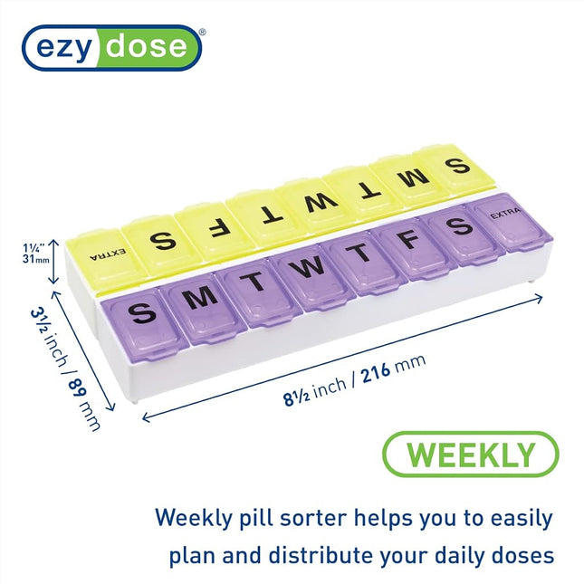 EZY DOSE Weekly (14-Day) Pill Organizer, Vitamin and Medicine Box, Large Snap Compartments, Easy-To-Open, BPA Free, Purple and Yellow